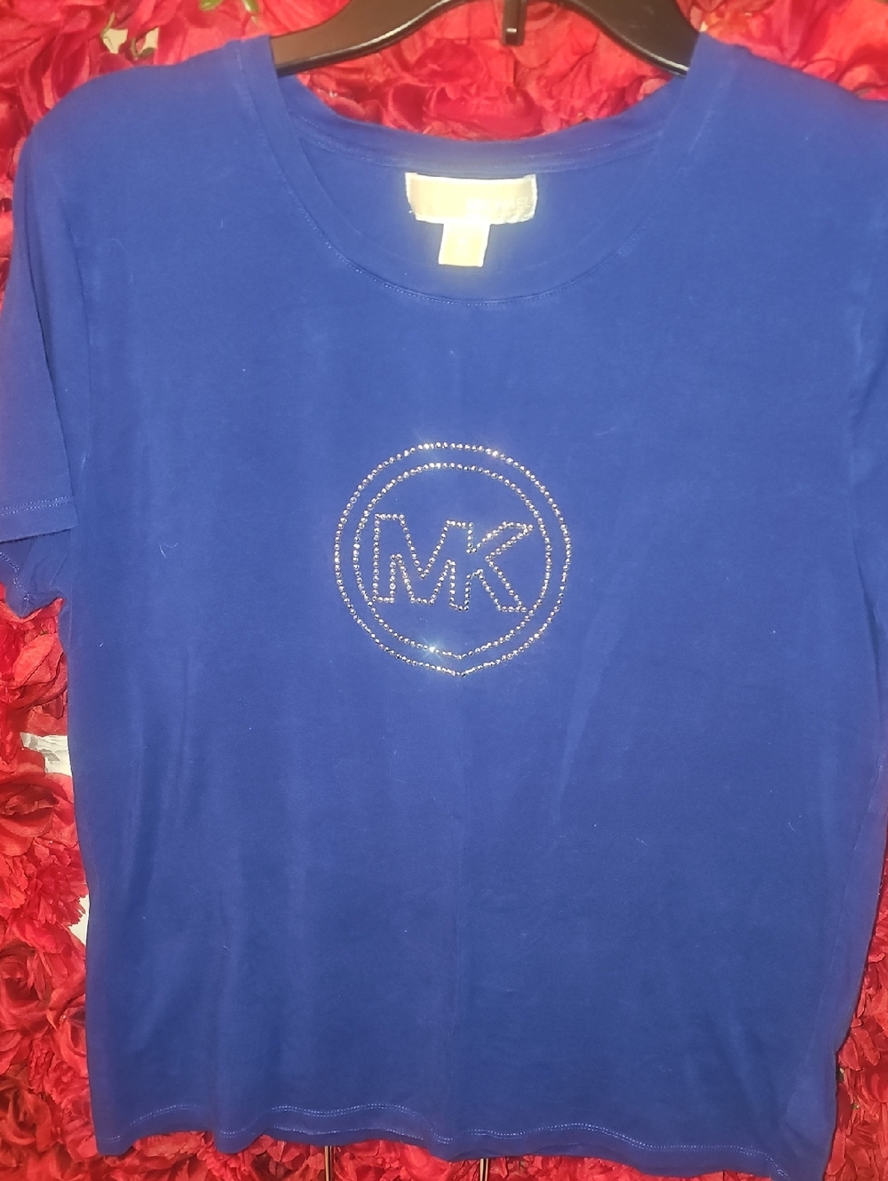 Michael Kors Women's Bright Blue MK Crystal Logo Tee Size Xlarge